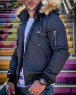 Isaac's Black Nylon Flight Jacket with Fur on Collar - Image 4