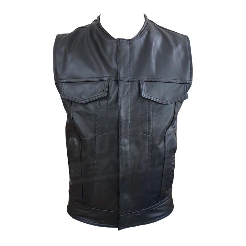 VEST001.jpg Collarless "Club Rider" Motorcycle leather Vest with zippered lining for patches - Image 1