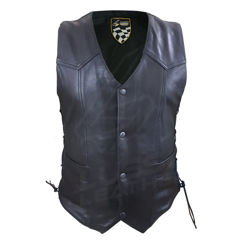 Vest002_34aef50d-7dd2-47a7-b890-ec444ce383af.jpg Laced Unisex Motorcycle leather vest with adjustable side laces - Image 1