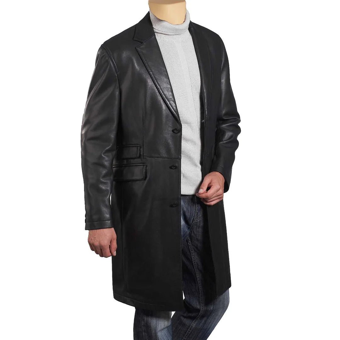 black-leather-three-quarter-length-trench-coat-front.jpg Black leather 3/4 length trench coat - Image 1