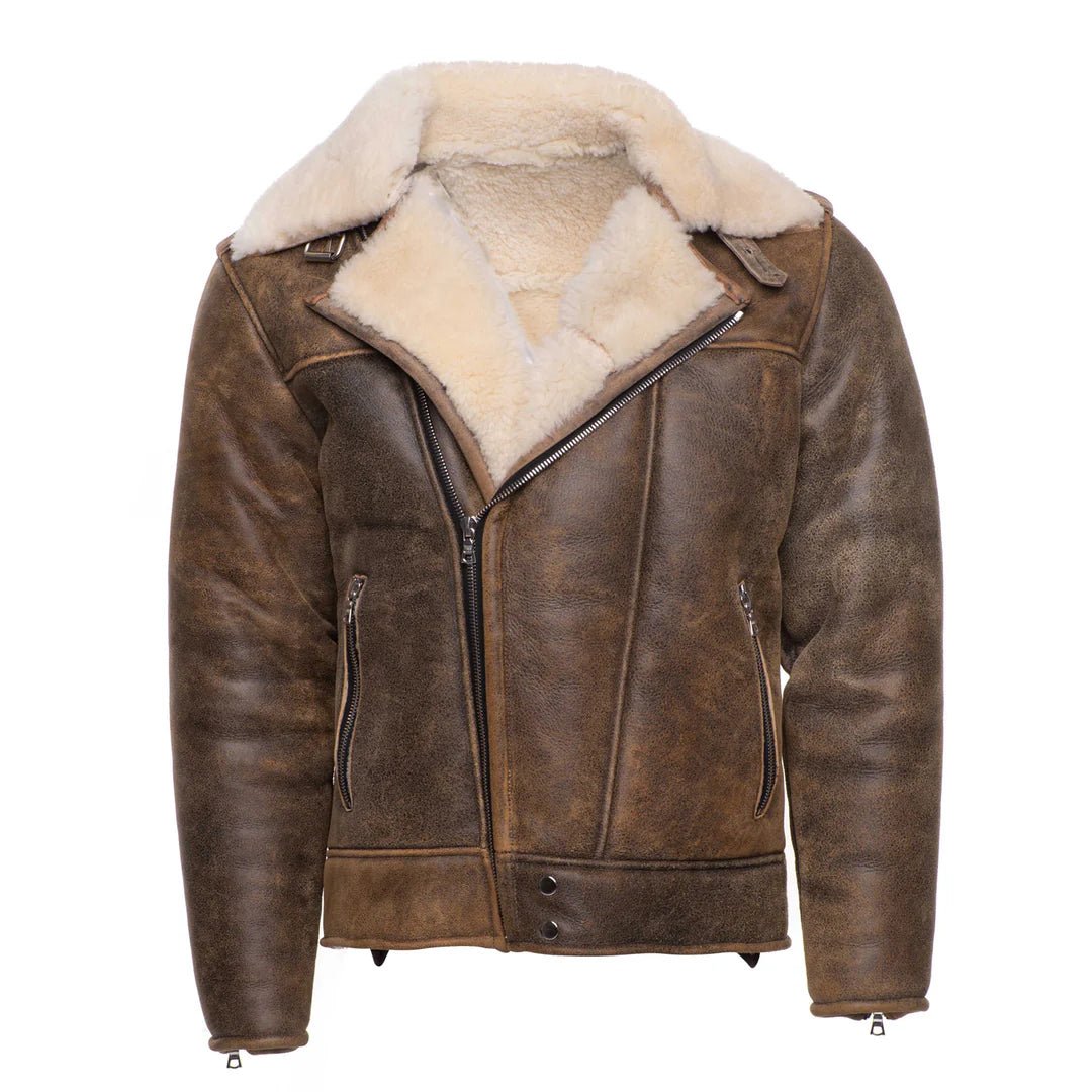 carter-distressed-biker-bomber-shearling-jacket-front.jpg Carter's Distressed Leather Biker Bomber Jacket - Image 1