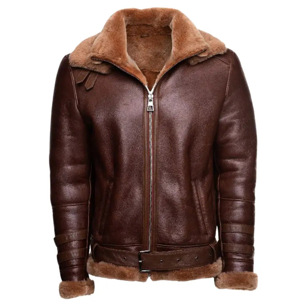 phans-brown-aviator-bomber-shearling-jacket-waist-belt-front-open.jpg Phan's Brown Aviator bomber shearling jacket with a waist belt - Image 1