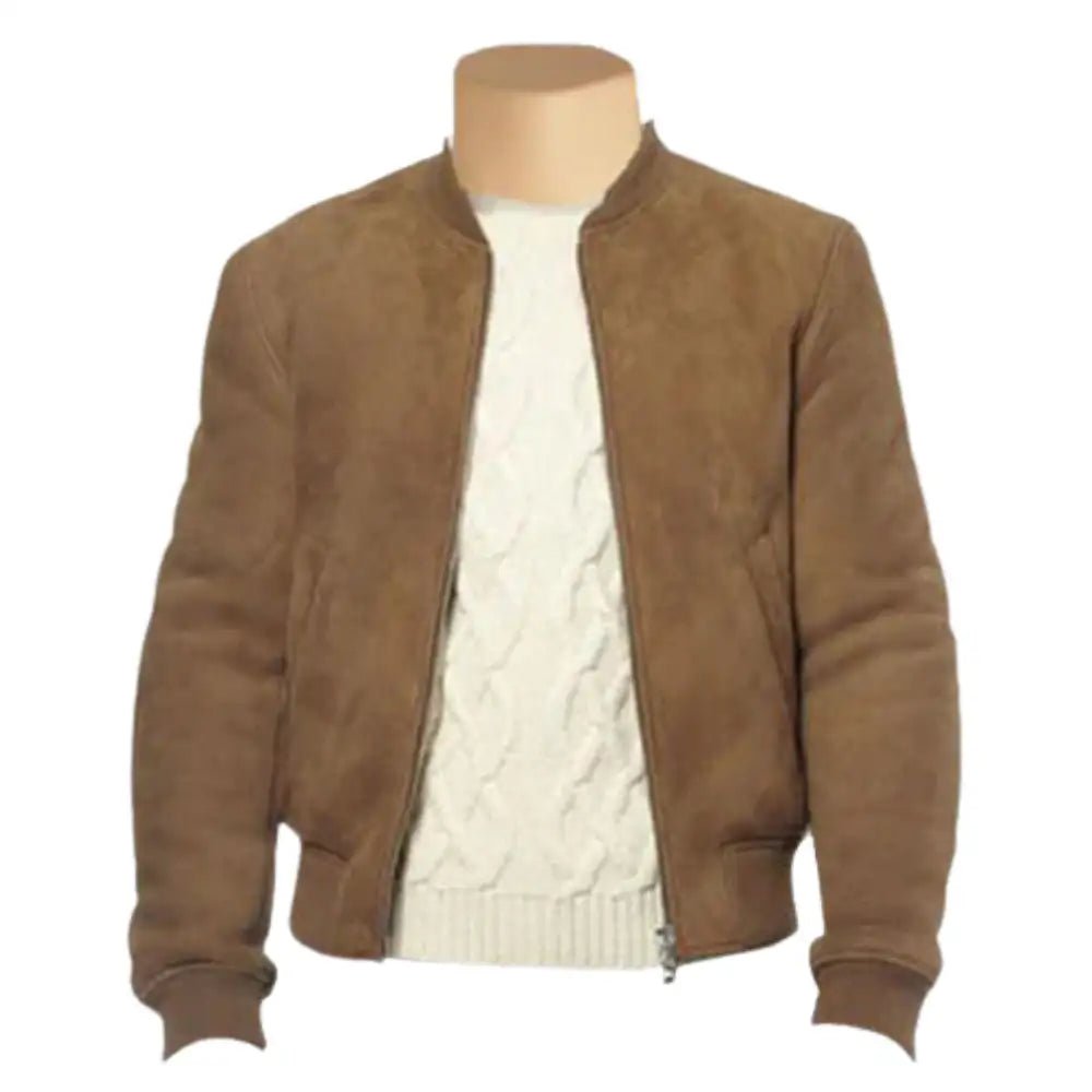 suede-bomber-jacket-ribbed-collar-front.jpg Suede bomber jacket with ribbed collar - Image 1